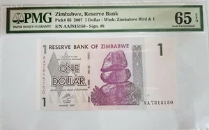 2007 Zimbabwe 1 Dollar PMG65 EPQ GEM  UNC Prefix AA  P-65  - Picture 1 of 3