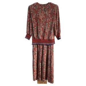 Gonna e camicetta vintage rossa a pieghe paisley manica lunga, made in USA, taglia 18 - Foto 1 di 12