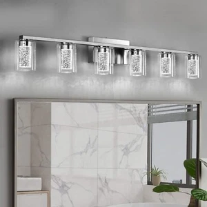 6 Light Brushed Nickel Bathroom Light Fixtures LED Vanity Lights Crystal Whit... - Picture 1 of 9
