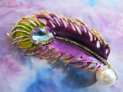 HERMOSO BROCHE PRENDEDOR PLUMAS DE PAVO REAL ESMALTE CRISTAL ESTRÁS - TÚ ELIGES Foto 1 de 4