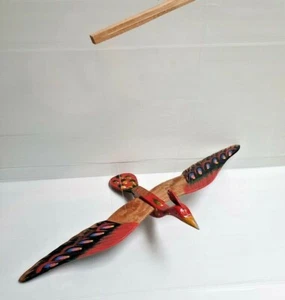 Mobile Peacock Wood Carved Hand Painting Wooden Hanging Horn Bill Porch - Picture 1 of 11