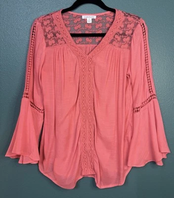 JOHN PAUL RICHARD 3/4 Bell Sleeve Coral Boho Hippie Peasant Crochet Lace Top S Foto 1 de 4