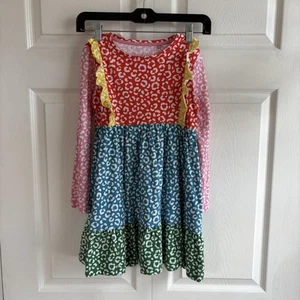 Mini Boden 7-8 Long Sleeve Cheetah Color Block Dress Twirl Cotton Ruffle Knee - Picture 1 of 8