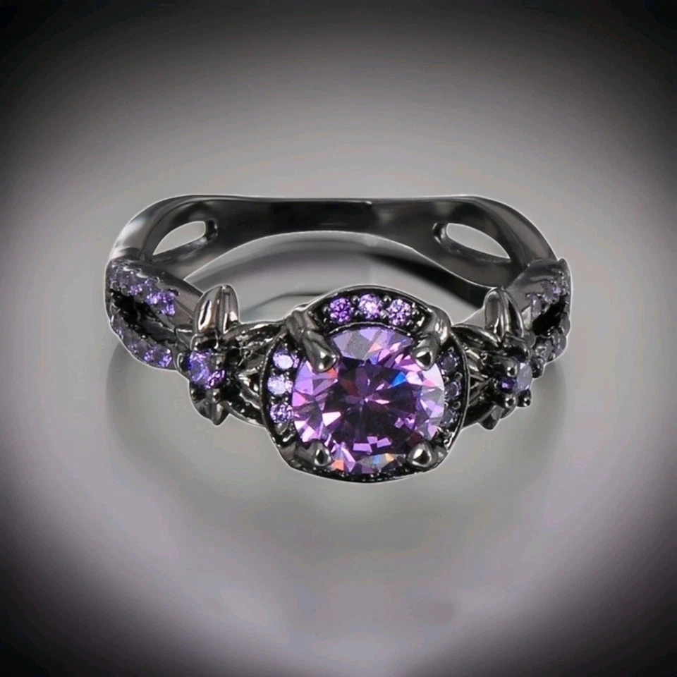 Stunning New S925 Sterling Silver Purple CZ Cocktail Ring, Black Plated, Size 10 - Image 1 of 4