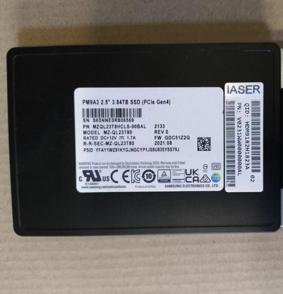 3.84TB Samsung SSD PM9A3 U2 NVME MZ-QL23T80 PCIE MZQL23T8HCLS-00BAL GDC51Z2Q - Image 1 of 1