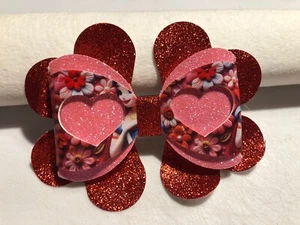 VALENTINE DOUBLE HEART HAIR BOW, 4.5" X 3.5", HOMEMADE, RED, PINK AND WHITE - Picture 1 of 3