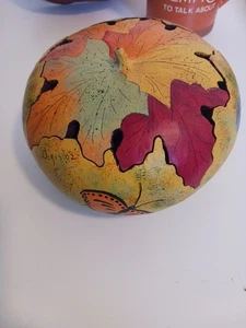 Vintage 02' Fall Carved Gourd Signed Handpainted Thanksgiving Leaves Butterfly - Picture 1 of 11