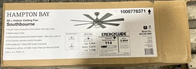 Hampton Bay Southbourne 60 in. LED Indoor Black Ceiling Fan w/Light +Remote - Image 1 of 2