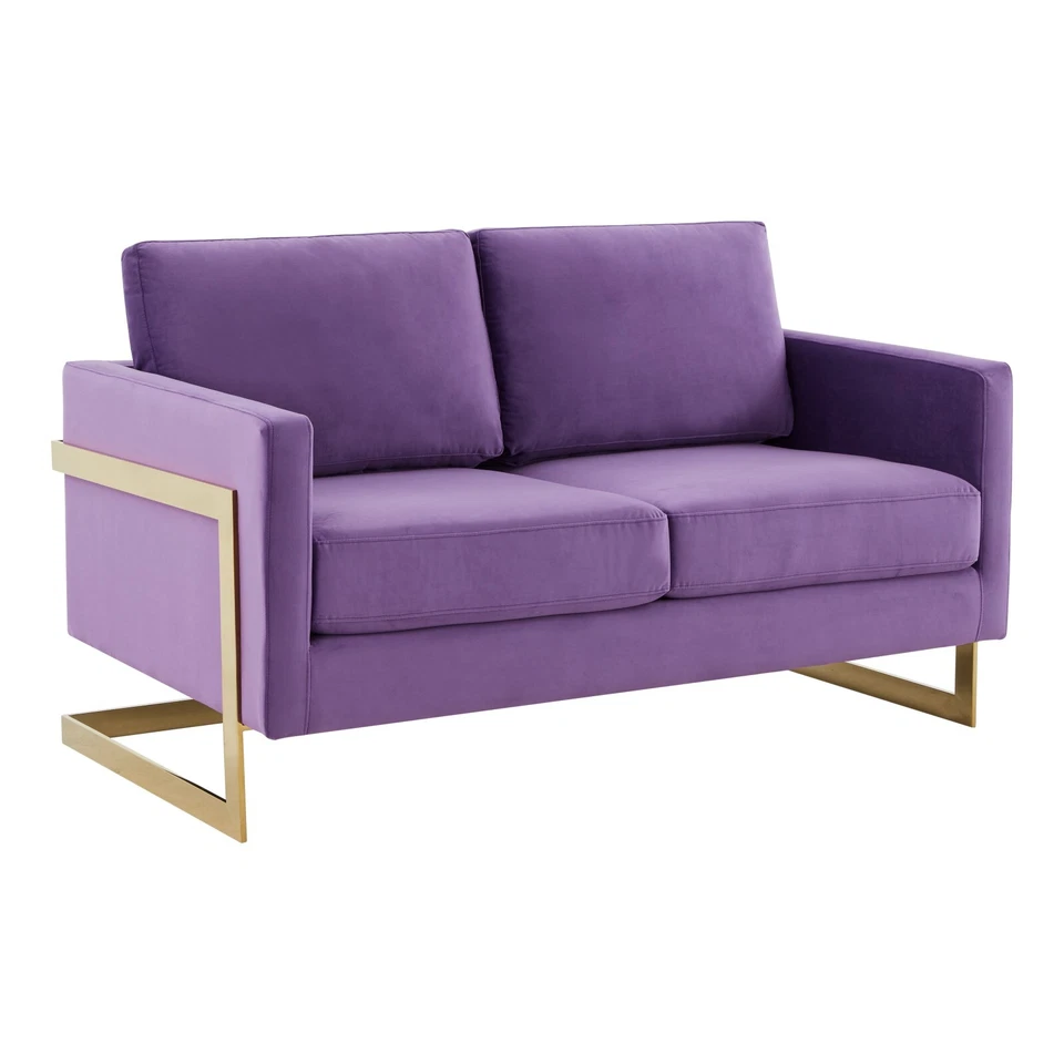 Sofá loveseat LeisureMod Lincoln moderno de mediados de siglo tapizado de terciopelo con marco dorado Foto 1 de 1