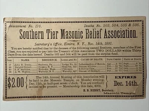 Postal de colección de la Asociación de Socorro Masónico de Nivel Sur de Elmira de 1881 Deaths NY - Imagen 1 de 24