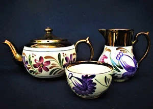 VINTAGE 1930'S COPPER LUSTRE HANDPAINTED "HARVEST" 3PC TEA SET BY WADE - ENGLAND - Picture 1 of 5