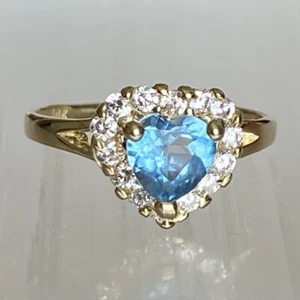 10K Authentic Yellow Gold Aquamarine Heart Ring Size 2.75 - Picture 1 of 9