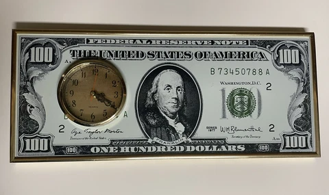 Vintage $100 Hundred Dollar Bill Clock Framed Wall Display 1977 21” x 9” Cover