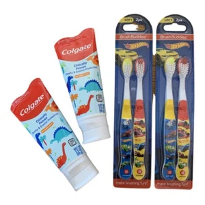 Hot Wheels 2-2pk Tooth Brushes Buddies Kids Yellow & Red 2 Colgate Lot of 4 - Picture 1 of 8