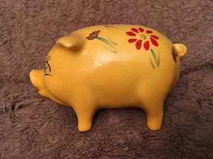 Vintage Pottery Yellow Hand Painted Floral Pig Moneybox. - Picture 1 of 11