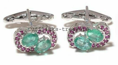 Natural Emerald & Ruby Gemstones With 925 Sterling Silver Cufflinks For Men's #3 Foto 1 de 3