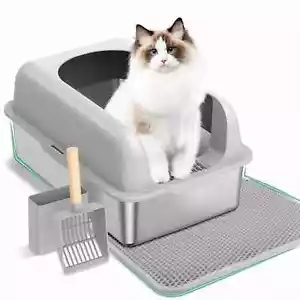 Stainless Steel XXL Cat Litter Box Semi-Enclosed Extra Large NonStick High Sided - Picture 1 of 18