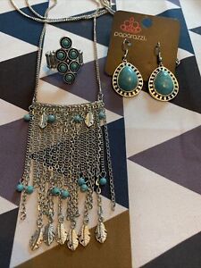 Paparazzi Necklace Earrings Ring Set 💙 Turquoise Silver Tassels Feathers 💙