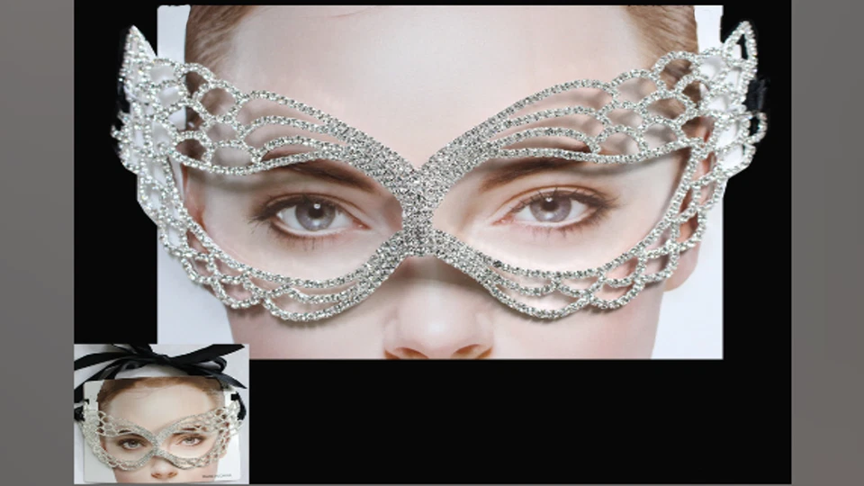 Elegante Máscara de Mascarada Color Plata Estrás Transparente Cinta Negra Veneciana Foto 1 de 3