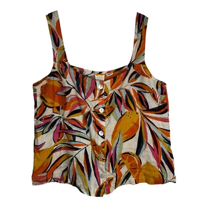 Camiseta sin mangas C&C California talla L estampado tropical 100 % lino botón delantero Vacationcore Foto 1 de 4