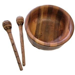 Ensaladera grande de madera de 8" con cuchara tallada y tenedor marcado México - Imagen 1 de 11