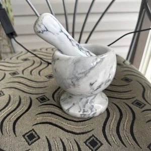 Vintage Marble Mortar And Pestle White With Black Veins Heavy Duty - Picture 1 of 8
