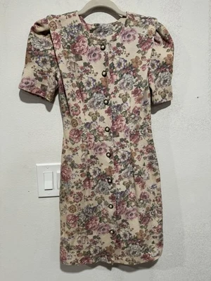 Vestido Camisa Vintage Años 80 Funda Floral Perla Antigua Botón Coqueta Rosa XXS Foto 1 de 4