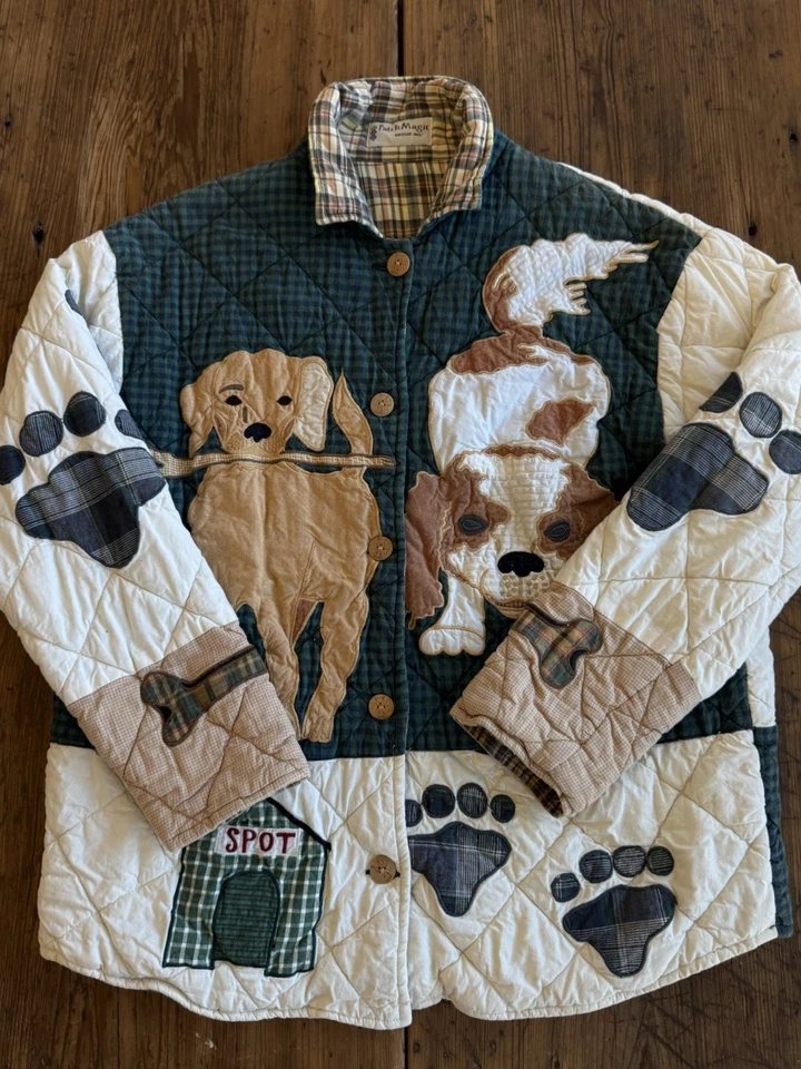 Chaqueta acolchada vintage parche Magic Dog Lab Setter Fetch S reversible retazos S Foto 1 de 4