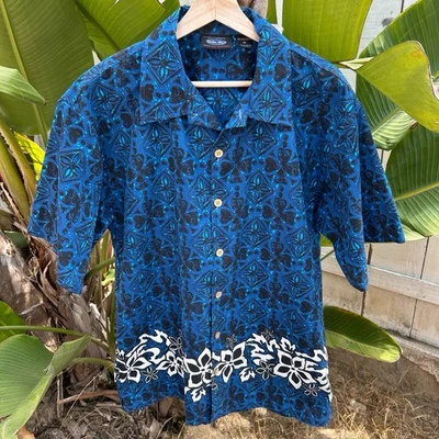 Anchor Blue Aloha Shirt M Fits Large Floral Print Blue Black White VTG 90s - Image 1 of 3
