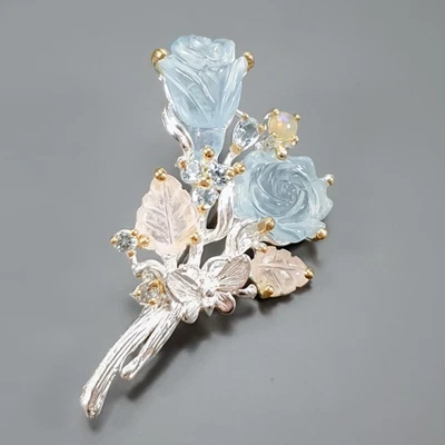 Broche de aguamarina natural hecho a mano de 19 quilates + plata de ley 925/NB30214 Foto 1 de 4