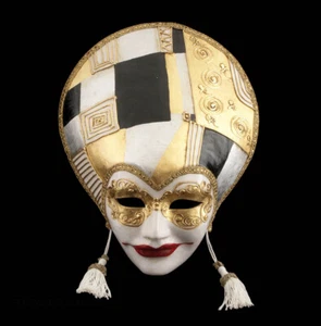 Mask Venice Volto Art Deco Black & Golden IN Paper Mache Fait IN Italy #995 - Picture 1 of 2