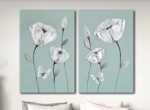 QUADRO QUADRO UOVO D'ANATRA BLU FIORE BIANCO GRIGIO FARFALLA ZEN TELA STAMPA ARTISTICA - Foto 1 di 2