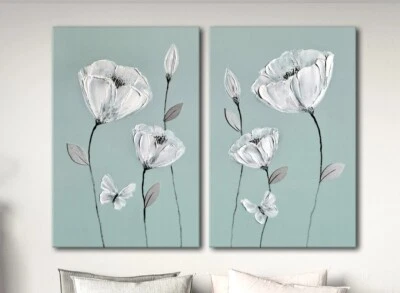 DUCK EGG BLUE PAINTING PICTURE WHITE GREY FLOWER BUTTERFLY ZEN CANVAS ART PRINT - Image 1 of 2