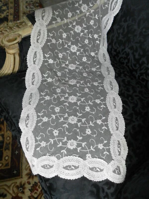 VINTAGE LACE ON NET TEXTILE RUNNER CREAMY WHITE EMBROIDERED SCALLOPED FLORAL - Image 1 of 4