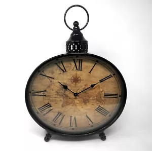 New Rustic World Map Face Metal Dark Bronze Oval Clock with Legs 12x17 - Picture 1 of 1