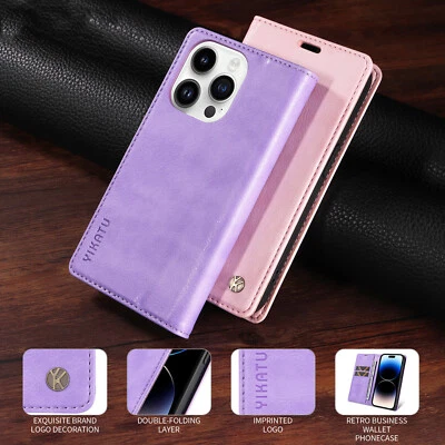 Solid Color Magnetic PU Leather Wallet Case Phone Cover for iPhone 14 15 13 Pro - Image 1 of 4