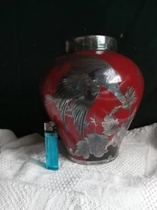 ROSENTHAL GLAS Vase SILBER Vogel Blumen OVERLAY marron rot 8,5"  - Bild 1 von 9