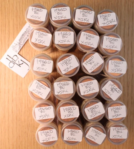 1955 D Lincoln Wheat Cent Penny Roll - 50 Uncirculated Coins - In a Tube Cover