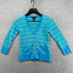 Ralph Lauren Cardigan Sweater Girls Size S 7 Blue Green Striped Long Sleeve V