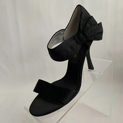 Sandalias Nina New York Negras Satén Tacones Arco Cuentas Tobillo Correa Punta Abierta Zapatos 8M Foto 1 de 4