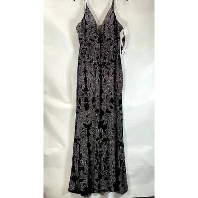 B&A By BETSY & ADAM Women's Black/Gunmetal Glitter-Print Mesh V-Neck Gown SZ 14  - Image 1 of 4
