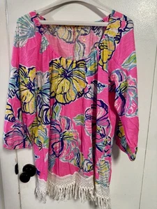 Lilly Pulitzer Womens Alia Top Shirt Fringe Multicolor Pink Seashell Size Xl - Picture 1 of 4
