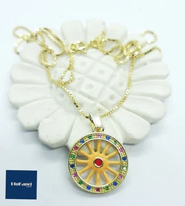Collana uomo donna argento 925 ciondolo ruota sicilia smalto zirconi multicolor - Foto 1 di 9