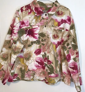 Caribbean Joe Bold Pink Gold & Green floral Jacket Blazer Women's Size 2X - Picture 1 of 11