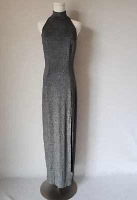 Vintage Tadashi Silver Metallic Party Evening Maxi Dress Halter Mock Neck Sz.M - Image 1 of 4