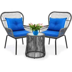 Patio Chair & Table Set Wicker Rattan 3Pcs Outdoor Furniture Bistro Set, Blue - Picture 1 of 7