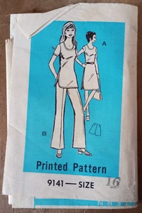 VIntage 70s Printed Sewing Pattern 9141 Retro Dress Tunic Trousers Shorts 16 38" - Picture 1 of 3