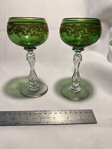 2 Saint Louis France Green Crystal Glass and Gilt Wine Goblets In Beethoven
