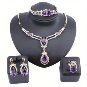 Necklace, Earrings, Bracelet & Ring - Elegant Purple Teardrop Jewelry Set (4in1) - Picture 1 of 51
