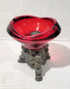 Deep Ruby Red Glass Ashtray on Cherub Decorated Iron Pedestal Heavy Mid Century - Picture 1 of 6